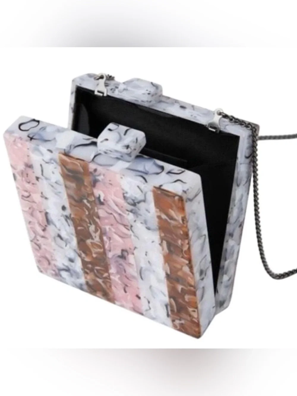 Acrylic Box Clutch in Pink, Brown, and White Marble with Chain Strap NWT